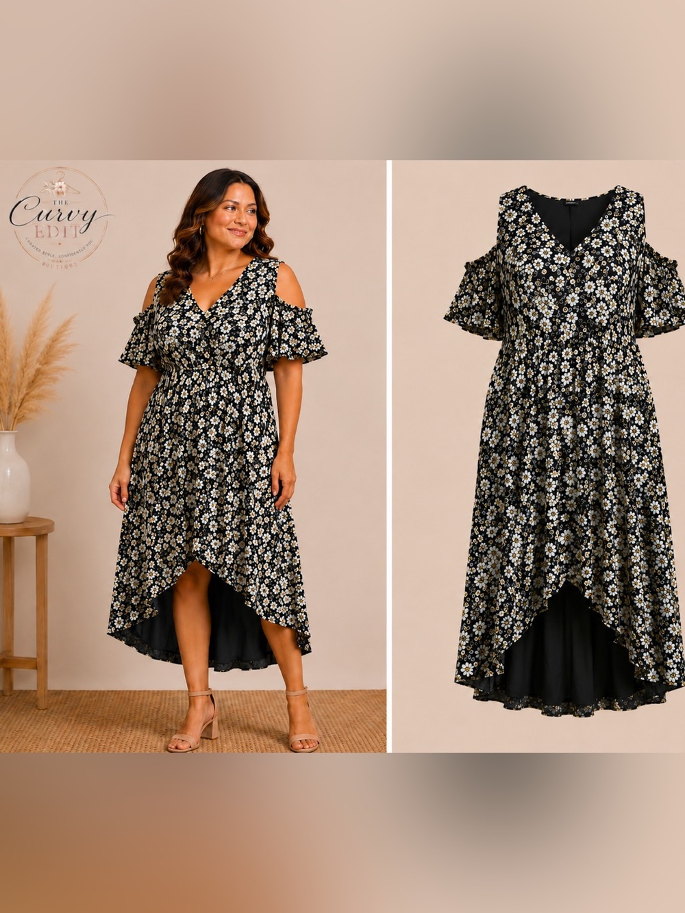 Romantic Ralph Lauren Floral Dress Black Off White Flutter Short Sleeve 18